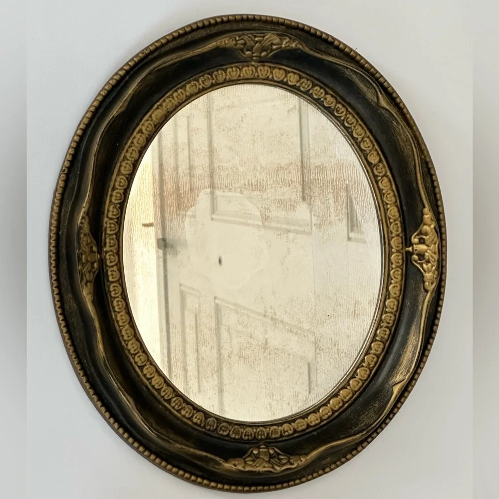 Gorgeous Vintage Mirror in Black & Burnished Gold with kick-stand on back